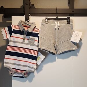 Burt's Bees Baby Boys Striped Baby Onesie and Gray Shorts Nwt Set
